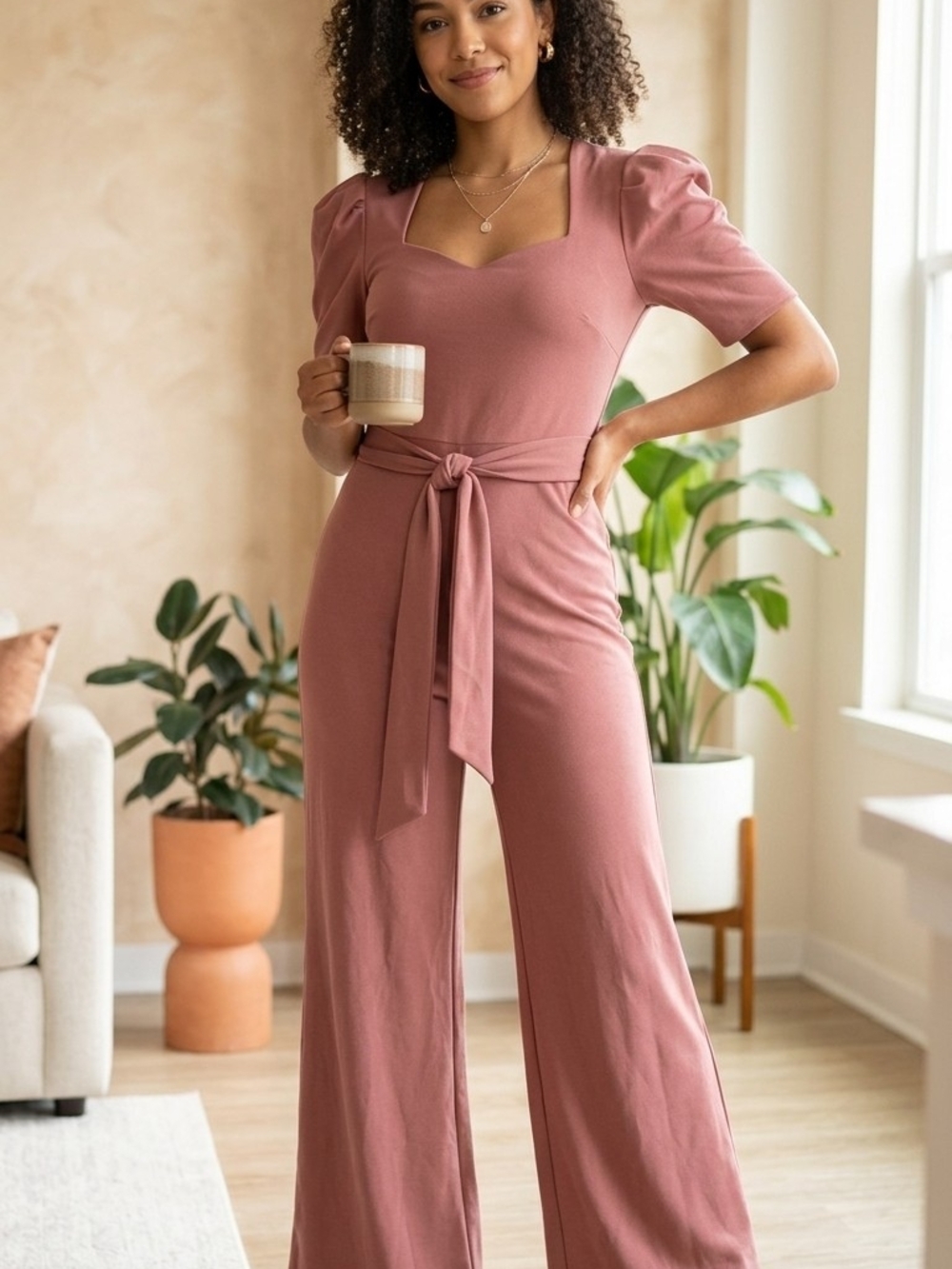 Tie-Waist Square Neck Jumpsuit in Rose Mauve